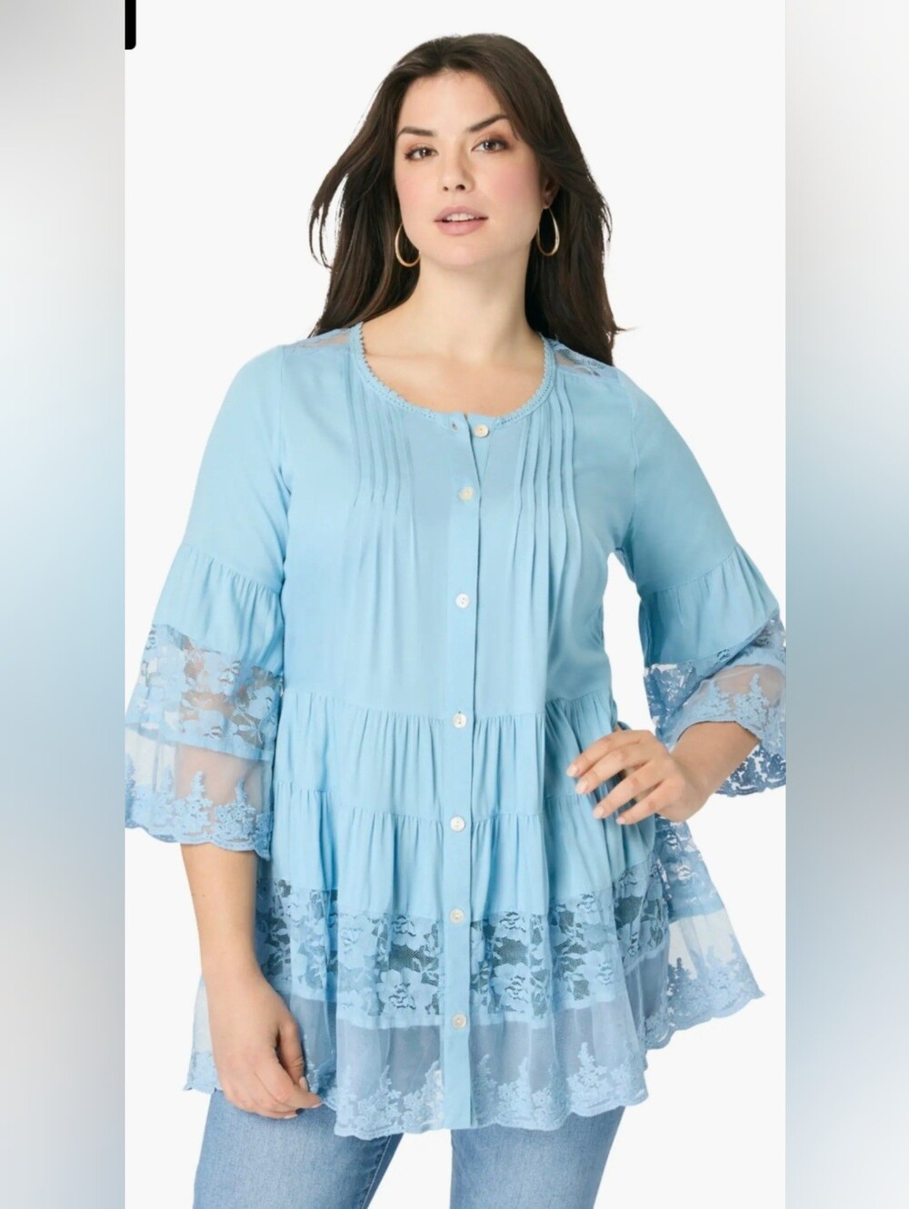 Roaman's Lace Illusion Blouse Tunic Top Soft Sky Light Blue Plus Size 18W NWT
